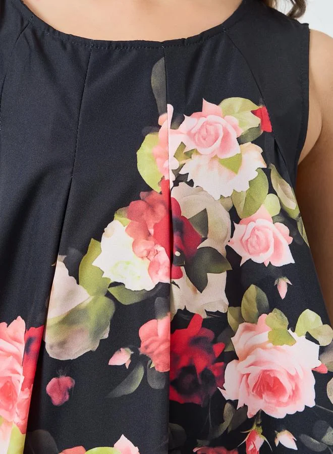 Styli Girls Floral Print Balloon Hem Knee-Length Dress